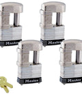 4 Pack Keyed Alike Trailer And Multi Purpose Padlocks With 8 Keys 37KA4 Outdoor Weather Resistant Lock Set shown with keys