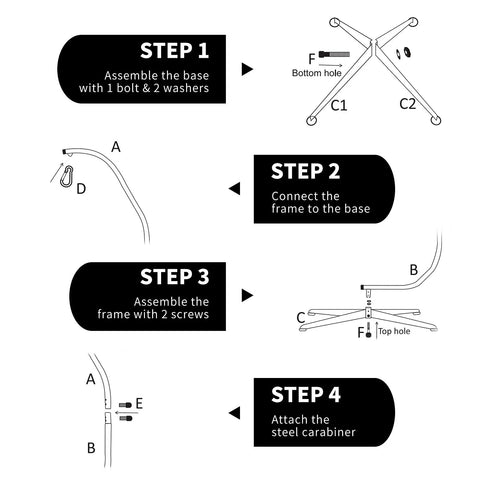 Assembly steps for Heavy Duty Hammock Chair Stand For Hanging Chair With 360 Degree Rotation, Rust Resistant Steel C Stand.