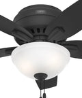 42 Inch Indoor Ceiling Fan With LED Light Matte Black Low Profile Flush Mount 5 Blades Pull Chain Operation For Bedroom Or Living Room No Remote Energy Efficient Lighting, close-up view of the fixture.