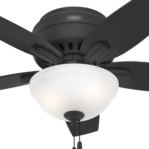 42 Inch Indoor Ceiling Fan With LED Light Matte Black Low Profile Flush Mount 5 Blades Pull Chain Operation For Bedroom Or Living Room No Remote Energy Efficient Lighting, close-up view of the fixture.