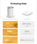 Self Heating Coffee Mug With Smart Temperature Control And Self Stirring image showing comparison with heating plate and features.