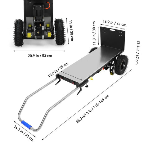Heavy Duty Electric Stair Climbing Hand Truck With Powerful 1200 Watt Motor, dimensions shown on a metal frame, capable of lifting heavy furniture.