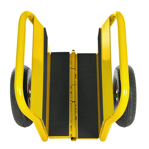 Built Like A Tank Heavy Duty Drywall Door Dolly With Snappy Auto Clamp And Smooth Rolling Ten Inch Solid Rubber Wheels Premium Steel Sheet Carrier showcasing the open foldable design and rubber wheels.