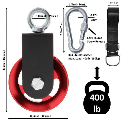 Heavy Duty Lightweight Aluminum Cable Pulleys With Hanging Strap Kit Red 2 Pack For Home Gyms, pulley dimensions and components