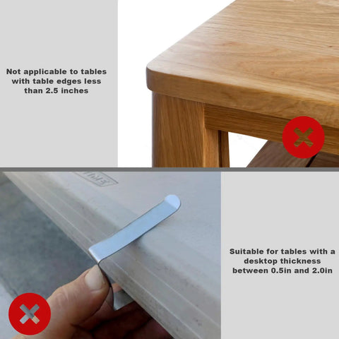 Image showing wooden table not suitable for tablecloth clips and a folding table with stainless steel clip for 12 Pack Tablecloth Clips for Folding Tables and Outdoor Use, Durable Stainless Steel Clips That Hold Tight for Picnics, Barbecues, Camping, Backyard Parties and Weddings.