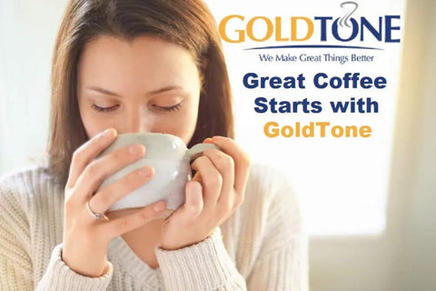 Woman enjoying coffee with text GoldTone great coffee starts, featuring Reusable Basket Style Coffee Filter For 8 To 12 Cup Makers Fits Mr Coffee Brewers BPA Free 2 Pack Dishwasher Safe Easy To Clean Eco Friendly And Cost Effective For Daily Coffee Rituals.