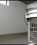 Super Slick Basement Sealer White 5 Gallon in a basement with smooth white walls, offering high hydrostatic pressure resistance.