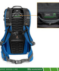 Back view of 24L Hiking Camera Backpack With Side Access, Removable Camera Insert, Blue and Black, focus on strap system