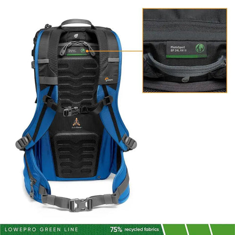 Back view of 24L Hiking Camera Backpack With Side Access, Removable Camera Insert, Blue and Black, focus on strap system