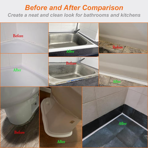 Before and after comparison using Waterproof Self Adhesive Caulking Tape for bathrooms and kitchens, showing a neat seal.