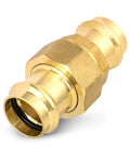Brass copper union press coupling, 1 in x 1 in, angled side view for copper tube connection