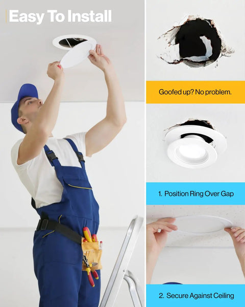 Installer using Six Pack Goof Ring Covers for 6 Inch Recessed Lights Flush Mount White Trim Rings for easy installation.