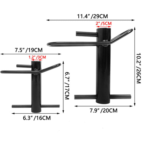 Dimensions of metal quick attach plate with 7.5x19cm and 11.4x29cm measurements, showing height and width comparisons