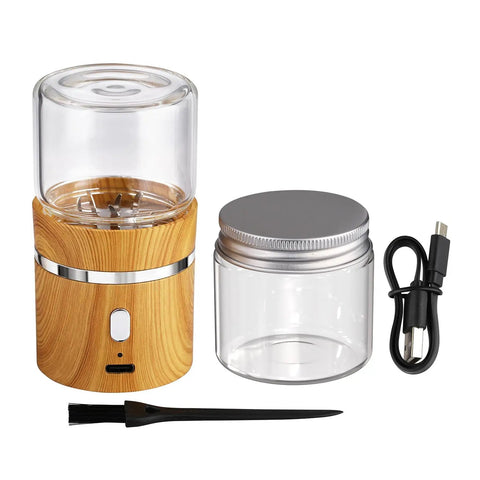 Compact Electric Herb Grinder With Dual 50ml Glass Jars 2in By 3.5in Portable Spice Grinder with accessories shown