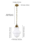 9 Inch Wide Pendant Light With Glass Shade In Brass And White Milk Glass, Compact Ceiling Fixture For Small Spaces shown with dimensions