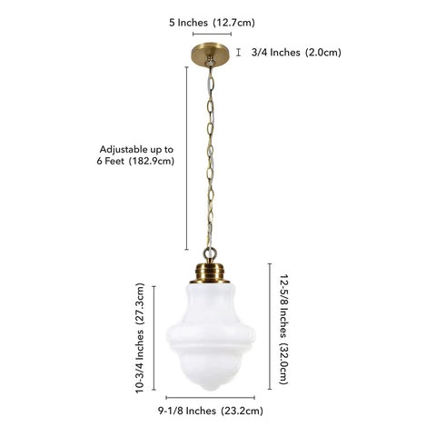 9 Inch Wide Pendant Light With Glass Shade In Brass And White Milk Glass, Compact Ceiling Fixture For Small Spaces shown with dimensions