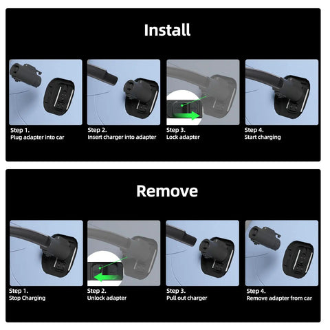 Instructions for using Tesla To J1772 80A EV Charger Adapter For Level 2 Charging NACS To J1772 Adapter in four steps