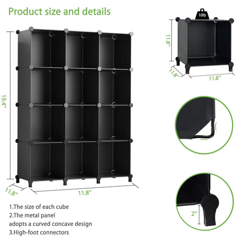 12-Cube Black Storage Organizer Shelf System For Bedroom, Office, And Living Room with size details and features