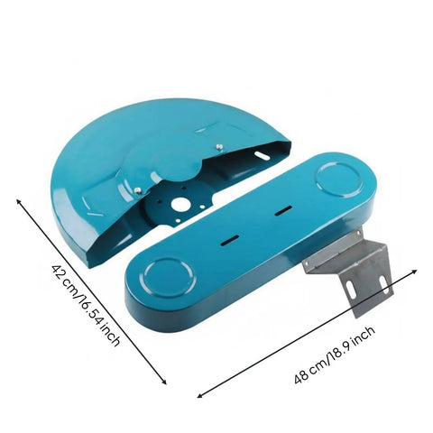 Heavy Duty Shielded Grinding Wheel Guard For Steel Cutting Machines With Belt Guard And Bracket, turquoise color, dimensions shown.