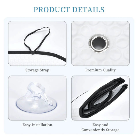 Funny Windshield Sun Shade For Cars Blocks UV Rays And Heat Front Window Sunshade Waterproof Polyester With Bubble Aluminum Insulation 51 By 27.5 Inches Keeps Interior Cool And Protected On Hot Days, showing storage strap and folded sunshade.