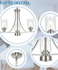 3 Light Brushed Nickel Pendant Chandelier With Clear Glass Shades For Kitchen Dining Living Room Hallway Modern Ceiling Lamp That Pops Adjustable Height 19 Inch High 21 Inch Wide Sloped Ceiling Swivel Canopy detailing.