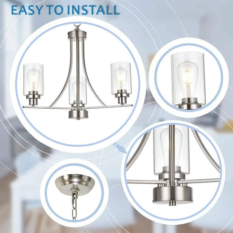 3 Light Brushed Nickel Pendant Chandelier With Clear Glass Shades For Kitchen Dining Living Room Hallway Modern Ceiling Lamp That Pops Adjustable Height 19 Inch High 21 Inch Wide Sloped Ceiling Swivel Canopy detailing.