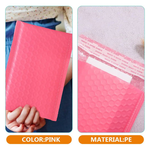 50 Pack Pink Bubble Mailers 16.5x22+4 Inch Self Seal Padded Envelopes in hand, showing pink color and adhesive strip