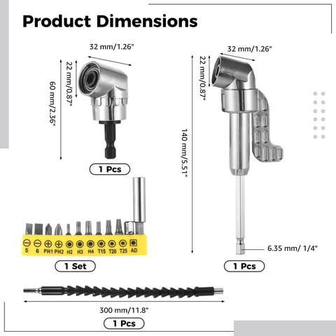 Product dimensions for Get Tough With This Compact Drill Accessory Kit Featuring Two 105 Degree Right Angle Adapters, A Bending Flexible Extension Shaft And A Massive 12 In 1 Screwdriver Bit Set Perfect For Hitting Tight Spots Like A Pro.