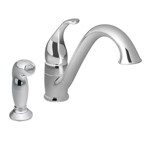 Single-Handle Low Arc Kitchen Faucet In Slick Chrome Finish With Easy Temperature Control, side spray visible