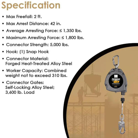 Solid Workhorse Fifty Foot Self Retracting Lifeline Anti Twist Swivel Housing specifications with snap hook and steel details.