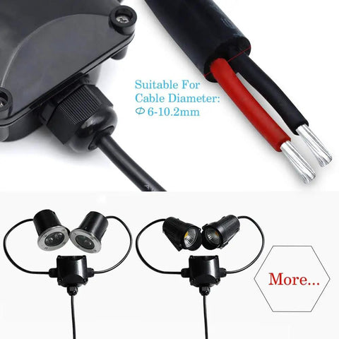 IP68 Waterproof Junction Box For Outdoor Lighting, 3-Way Cable Connectors, Built Tough External Box With Rubber Grommets, Handles 6mm To 10.2mm Cables
