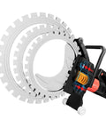 Heavy Duty 8900W Brushless Concrete Circular Saw With Water Feed Dust Suppression And Titanium Blade showing blades and motor design.