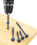 101 Piece Pocket Hole Screws Kit With Square Drive For Exterior Wood Projects, screws being drilled into wood
