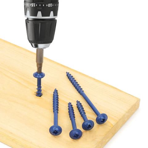 101 Piece Pocket Hole Screws Kit With Square Drive For Exterior Wood Projects, screws being drilled into wood