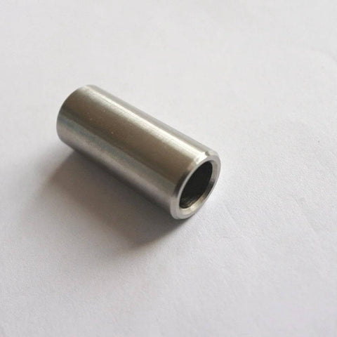 Side view of stainless steel water jet mixing chamber spacer cylinder with hollow bore