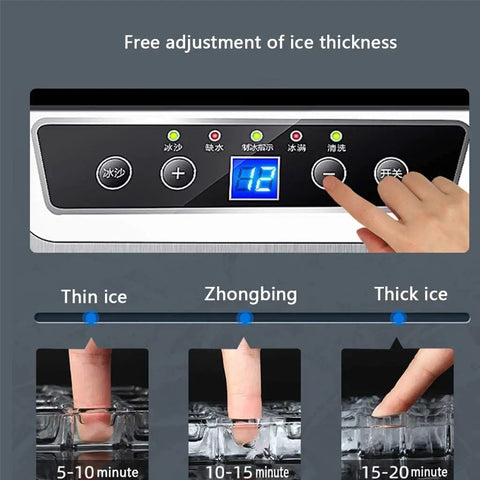 Adjustable LCD control panel of Portable Countertop Ice Maker Machine With Dual Crush And Cube Functions for ice thickness.