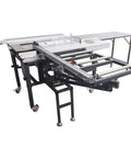 Pro Grade 220V Woodworking Table Saw With Dust Free Housing And Smooth Four Way Swing Arm For Razor Sharp Precision Cuts Includes Eight And Four Inch Blades Solid Shop Bench Tool at various angles showing adjustable components and sturdy frame.