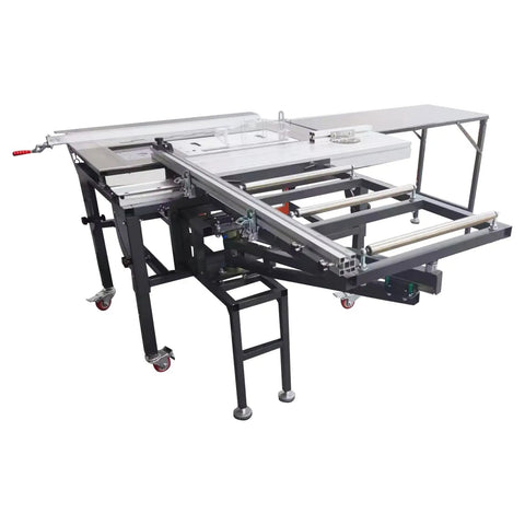 Pro Grade 220V Woodworking Table Saw With Dust Free Housing And Smooth Four Way Swing Arm For Razor Sharp Precision Cuts Includes Eight And Four Inch Blades Solid Shop Bench Tool at various angles showing adjustable components and sturdy frame.