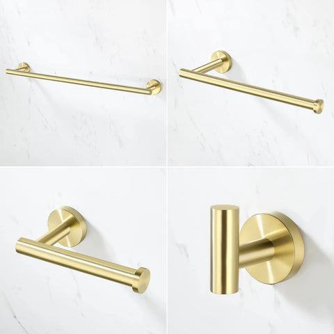 Brushed Gold Stainless Steel Bathroom Hardware Set With Toilet Paper Holder, Towel Bar, Hand Towel Rail And Robe Hook, SUS 304 Wall Mount