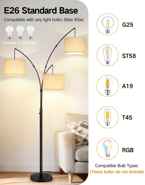 Arched LED Floor Lamp With Three Lights, 81 Inch Tall Modern Mid Century Style Standing Corner Lamp, Beige Lampshade