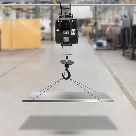 Heavy Duty Electric Hoist With 1102 Lb Capacity And Wired Remote Control Lift For Garage Shop Or Factory Jobs Featuring Fast 1800W Copper Motor lifting a metal sheet from the ground.
