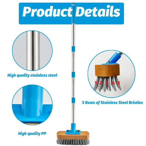 Heavy Duty Deck Scrub Brush With 60 Inch Long Handle For Moss Removal On Rough Surfaces Stainless Steel Wire Bristles Easy Install Pole System