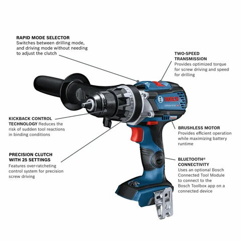 GSR18V-975CN 18V Brushless Drill Driver Bare Tool showing features like kickback control, Bluetooth connectivity, and 975 in-lb torque.