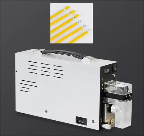 Heavy Duty Electric Wire Stripper For No Mess Cable Prep And Razor Sharp Cutting, silver machine with display and adjustable knobs.