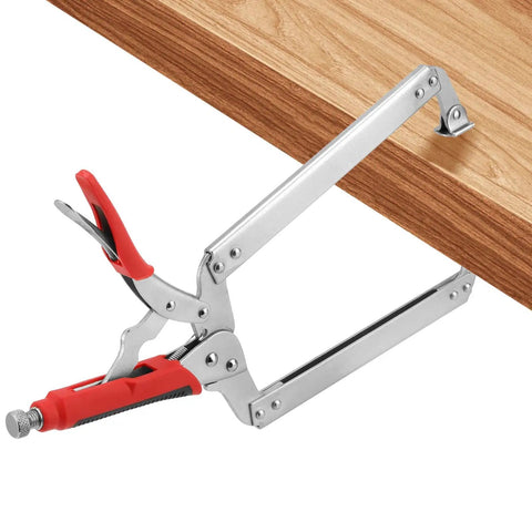 4 Piece Beefy 18 Inch Locking C Clamps Set With Swivel Pads And Rubber Handle Sleeves For Welding And Woodworking Heavy Duty Locking Pliers clamping a wooden board