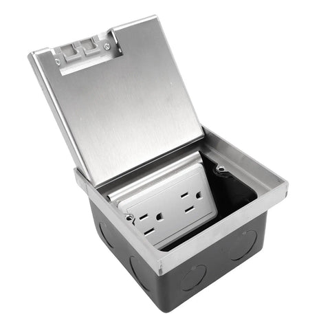 Heavy Duty Recessed Floor Electrical Outlet Kit With No Fuss Pull Handle For Reliable Power Access Durable Flush Mount Socket Cover Plate open view with brushed steel finish.