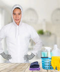 Fresh White Nylon Spray Paint Coveralls With Kickback Ready Lint Free Construction And Lowkey Comfortable Fit For Auto Body Shop Refinishing Industrial Painter Wardrobe And Serious Overspray Defense worn by a person with cleaning supplies.