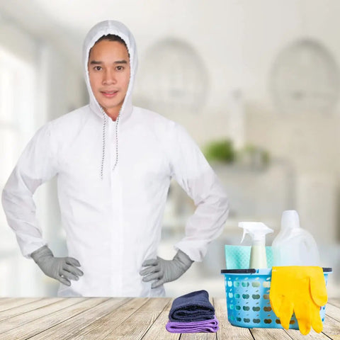 Fresh White Nylon Spray Paint Coveralls With Kickback Ready Lint Free Construction And Lowkey Comfortable Fit For Auto Body Shop Refinishing Industrial Painter Wardrobe And Serious Overspray Defense worn by a person with cleaning supplies.