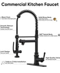 RUMOSE Matte Black Commercial Kitchen Faucets with Pull Down Sprayer showcasing 360° swivel body and solid brass construction.