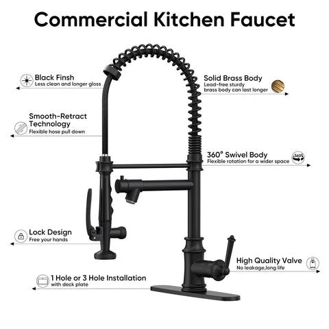 RUMOSE Matte Black Commercial Kitchen Faucets with Pull Down Sprayer showcasing 360° swivel body and solid brass construction.